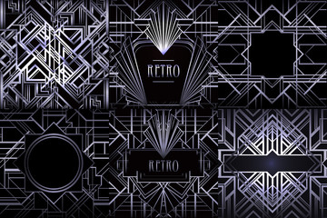 Art Deco vintage patterns and design elements. Retro party geometric background set (1920's style). Vector illustration for glamour party.