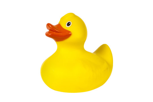 Yellow plastic rubber duck cut out on and isolated on a white background