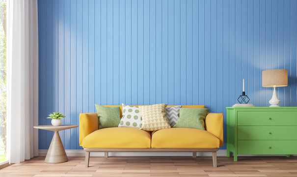 Colorful living room 3d rendering image.There are wood floor decorate wall with blue wooden plank .There are large windows look out to see the nature