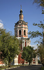 Fototapeta na wymiar Church of Zechariah and Elizabeth under bell tower in Moscow. Russia 