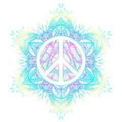 Fototapeta premium Peace symbol over decorative ornate background mandala round pattern. Boho, hippie style. Freedom, spirituality, occultism, textiles art. Vector illustration