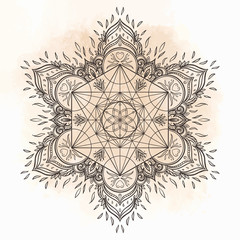 Decorative mandala round pattern with sacred geometry element Metatron Cube, powerful symbol, Flower of Life. Alchemy, philosophy, spirituality. Design music cover, t-shirt, poster.
