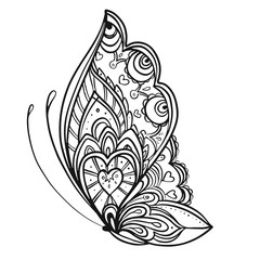 Hand drawn butterfly zentangle for t-shirt design or tattoo. Coloring book for kids and adults.
