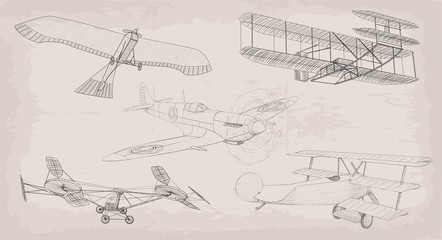 Hand drawn element object vintage air transport helicopter, plane, airplane retro design set black linear . Vector beautiful cute various illustration isolated on beige old background. Info graphics