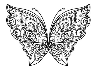 Hand drawn butterfly zentangle for t-shirt design or tattoo. Coloring book for kids and adults.