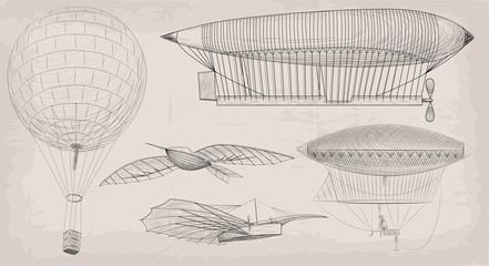 Hand drawn element object vintage air transport airship dirigible, basket balloon plane airplane retro design set black linear .Vector various illustration isolated beige old background. Info graphics