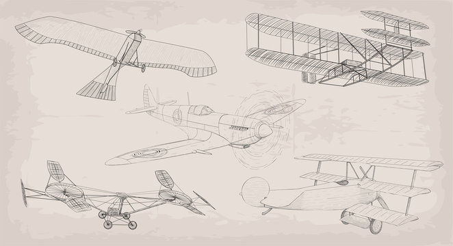 Hand drawn element object vintage air transport helicopter, plane, airplane retro design set black linear . Vector beautiful cute various illustration isolated on beige old background. Info graphics