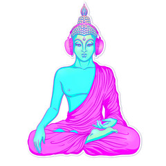 Modern Buddha listening to the music in headphones in neon colors isolated on white. Vector illustration. Vintage psychedelic composition. Indian, Buddhism, trance music.