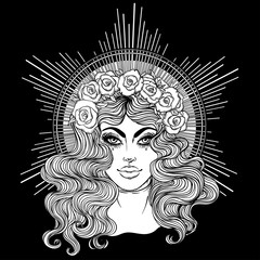 Madonna, Lady of Sorrow. Devotion to the Immaculate Heart of Blessed Virgin Mary, Queen of Heaven. Vector illustration isolated. Coloring book for adults.
