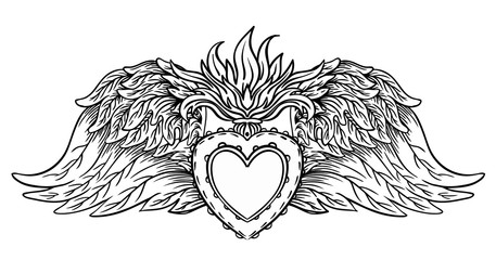 Sacred Heart of Jesus with rays. Vector illustration black isolated on white. Trendy Vintage style element. Spirituality, occultism, alchemy, magic, love.