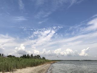 песчаный берег моря с крысивыми обкаками на голубом небе летом