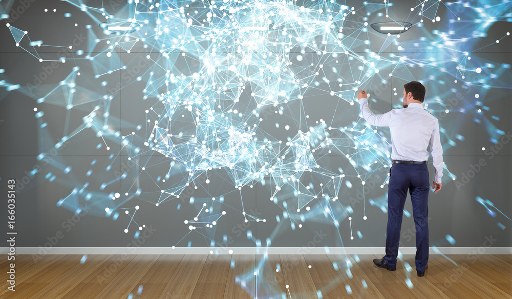 Aufkleber Businessman using connection network on a wall 3D rendering
