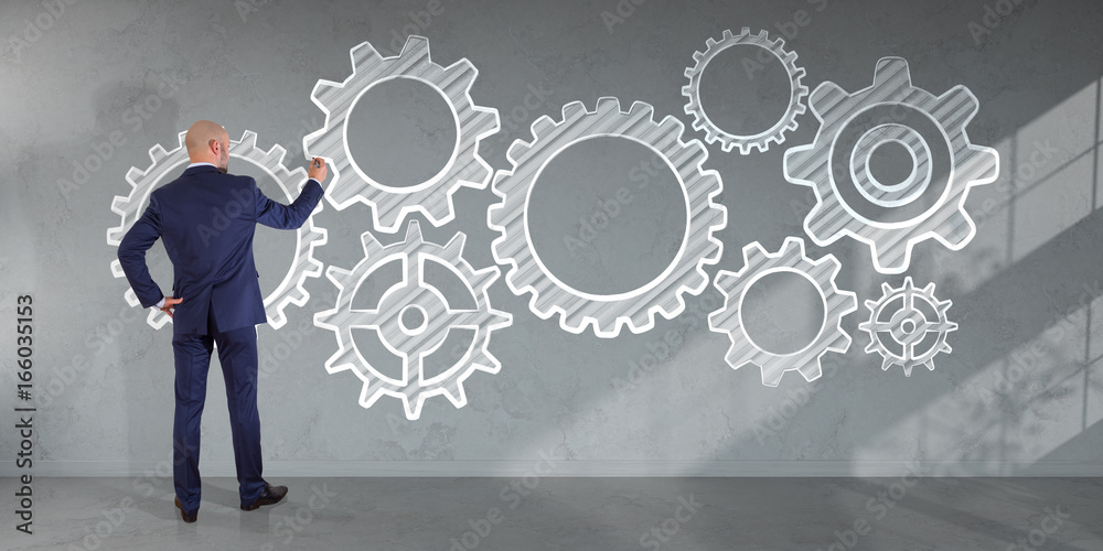Aufkleber businessman drawing gears sketch on a wall 3d rendering