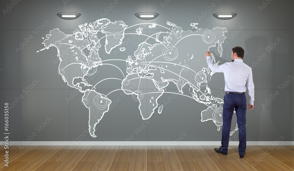Poster businessman drawing manuscript world map connection on a wall 3d rendering