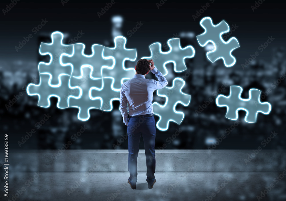Poster Businessman searching puzzle solution on a rooftop 3D rendering