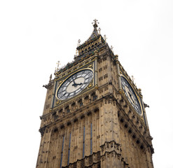 Fototapeta na wymiar Big Ben in Westminster, London, incredibly detailed image, cut out with a white background.