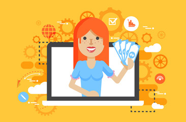 Vector illustration woman money in hand online marketing management flat style in flat style