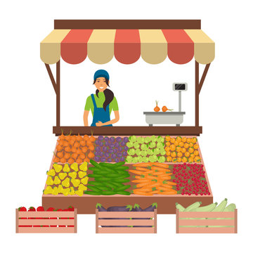 Seller of vegetables and fruits on the market. There is a counter, scales and goods: cucumbers, onions, carrots, eggplant, zucchini, apples, plums, apricots, cherries and pears in the picture. Vector