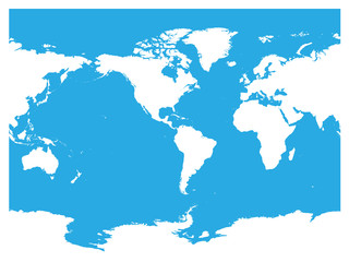 Australia and Pacific Ocean centered world map. High detail white silhouette on blue background. Vector illustration.