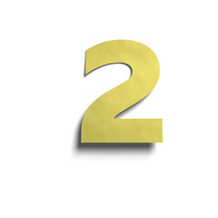 3D realistic yellow paper notes number 2 with soft shadow isolated on white background.
