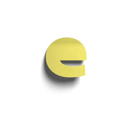 3D realistic yellow paper notes lowercase letter e with soft shadow isolated on white background.