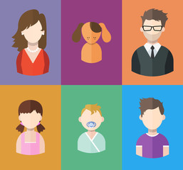 Flat people icons (mother, father and their sons, daughter and a dog. Family. Segment of population