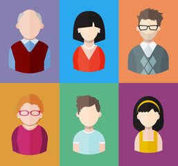 Flat people icons (mother, father and their son and daughter, grandpa and grandma. Family. Segment of population