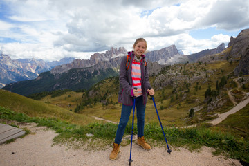 tourist girl at the Dolomites