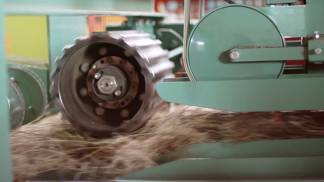 Flax factory production line. Manufacturing process at flax factory. Machinery equipment of flax processing plant. Textile factory equipment. Processing factory