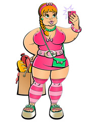 Diet and weight. A fat woman does selfie, and hides food behind her back. From a large series of similar images.