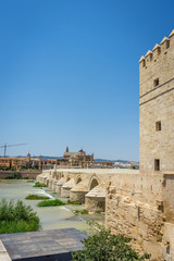 A view of the Calahorra tower, roman bridge and Mosque church of Cordoba, Spain, Europe
