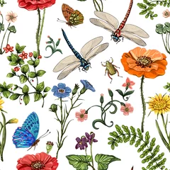 Foto op Plexiglas Summer vector seamless pattern. Botanical wallpaper. Plants, insects, flowers in vintage style. Butterflies, dragonflies, beetles and plants in the style of Provence on a light background © sunny_lion