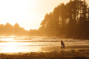 Man with surf walking on the the beach with forest behind while sunset - 166046702