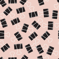 Binder Clips Seamless Vector Pattern Tile. Back to School Texture. Black Metal Clips Randomly Arranged on Pastel Pink Background. Swatch is Included.