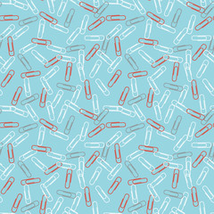 Different Color Paper Clips Seamless Vector Pattern Tile. Back to School Texture. Red, White and Metal Gray Paperclips Randomly Arranged on Blue Background. Swatch is Included.