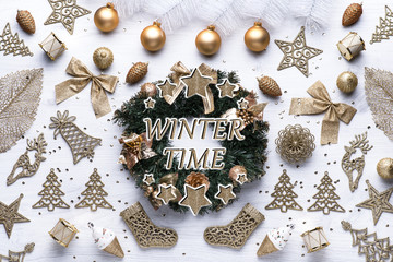 Beautiful celebratory Christmas background. New Year's holidays. Christmas holidays. Beautiful Christmas decorations on the wooden background