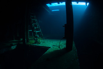 Penetrating the Kittiwake in Grand Cayman. This spooky shot of the inside of one of the rooms has...