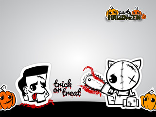 Halloween evil cat blood saw zombie head cartoon funny monster. Pop art wow comic book text poster party. Ugly angry monochrome thread needle sewing voodoo doll. Vector illustration sticker paper.