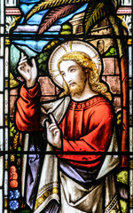 Stained Glass close up J in Church of the Holy Cross