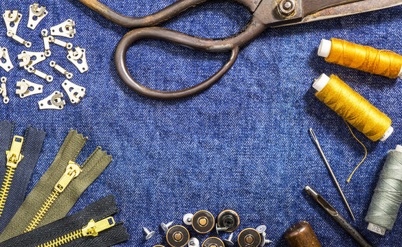 Background sewing equipment theme jeans clothes old style table top