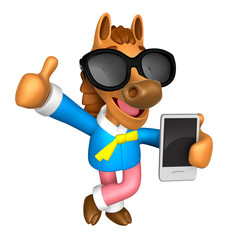 Wear sunglasses 3D Horse Mascot the left hand best gesture and right hand is holding a Smart Phone. 3D Animal Character Design Series.