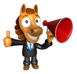 3D Horse Mascot the left hand best gesture and right hand is holding a laptop. 3D Animal Character Design Series.