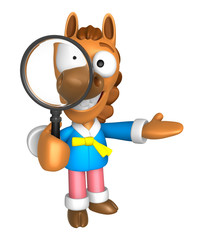 Fototapeta premium 3D Horse mascot look through a magnifying glass. 3D Animal Character Design Series.