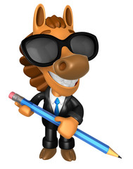 Wear sunglasses 3D Horse Mascot holding a big board with both Pencil. 3D Animal Character Design Series.
