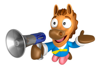 3D Horse Mascot the right hand guides and left hand is holding a loudspeaker. 3D Animal Character Design Series.