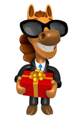 Wear sunglasses 3D Horse mascot the hand is holding a Big Gift Box. 3D Animal Character Design Series.