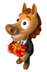 3D Horse mascot the hand is holding a Big Gift Box. 3D Animal Character Design Series.