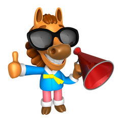 Fototapeta premium Wear sunglasses 3D Horse Mascot the left hand best gesture and right hand is holding a laptop. 3D Animal Character Design Series.