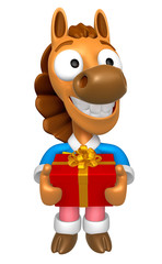 3D Horse mascot the hand is holding a Big Gift Box. 3D Animal Character Design Series.