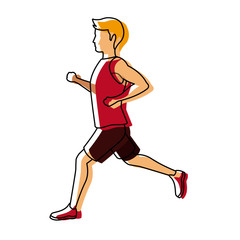 Fototapeta na wymiar Running man in red jersey profile side view